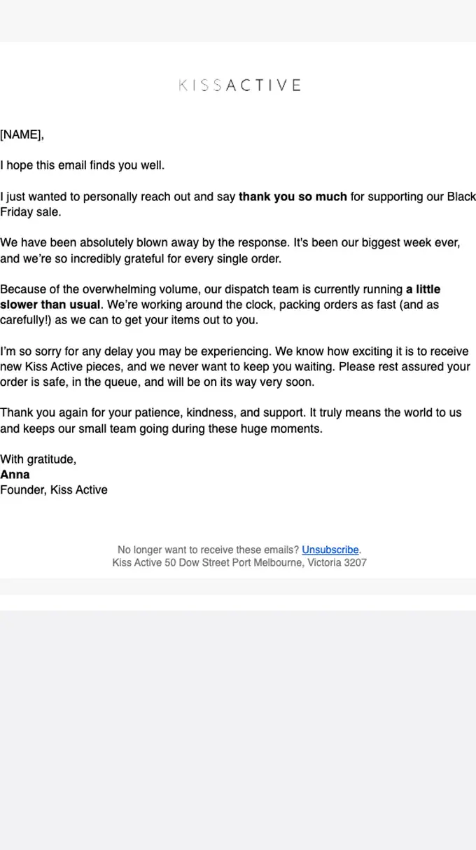 Kiss Active account notice email, full length
