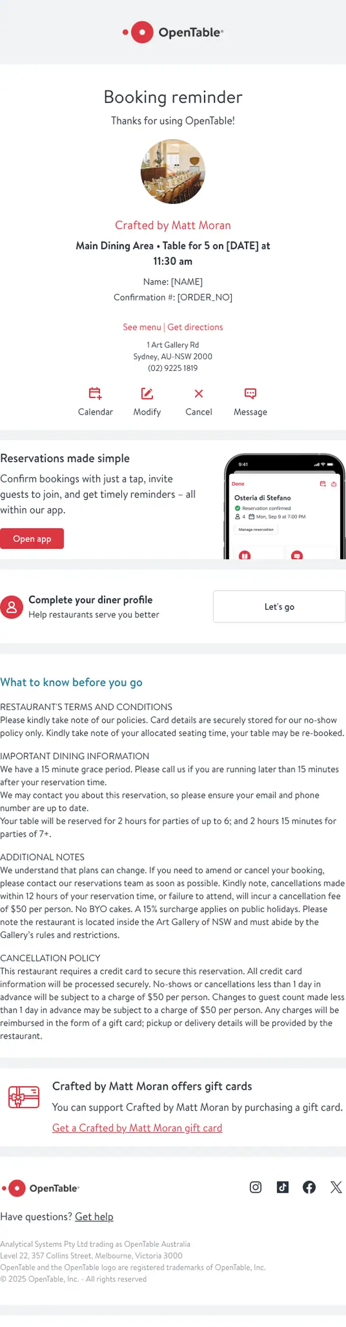 OpenTable | Crafted by Matt Moran Bookings booking confirmation email, full length