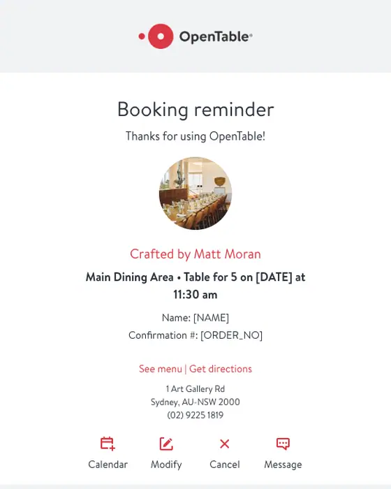 OpenTable | Crafted by Matt Moran Bookings booking confirmation email: Your upcoming booking at Crafted by Matt Moran