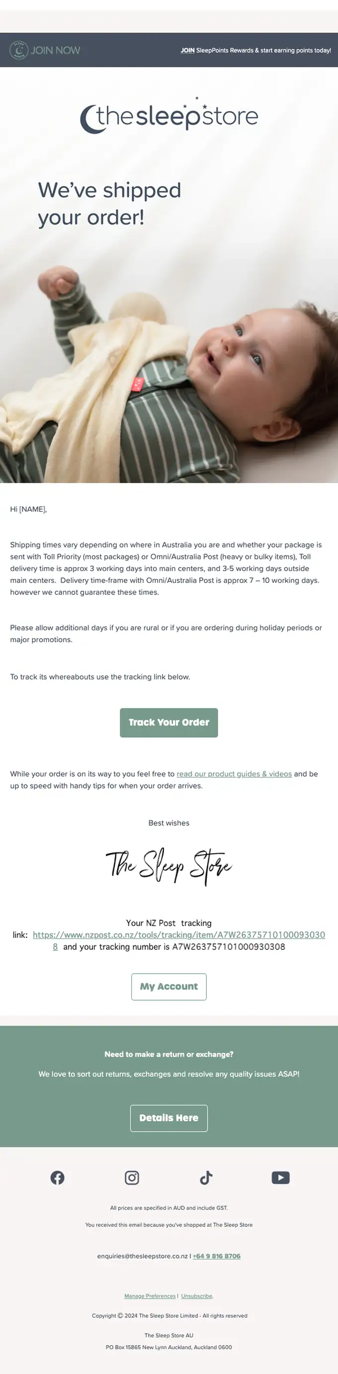 The Sleep Store Australia shipping email, full length