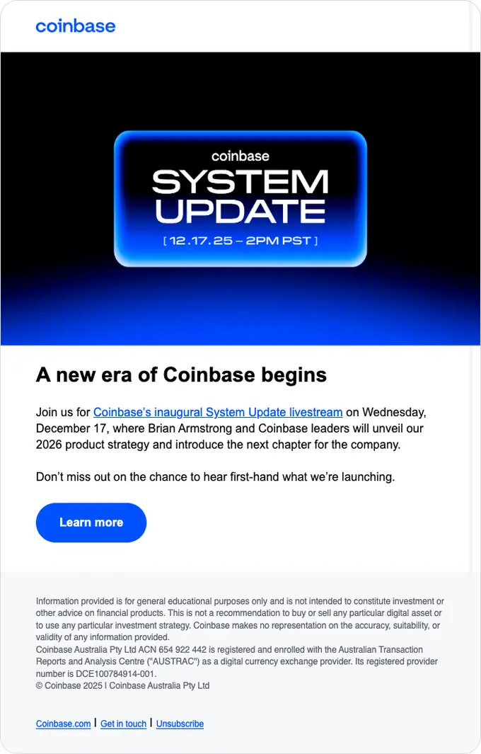 Coinbase event invite email, full length