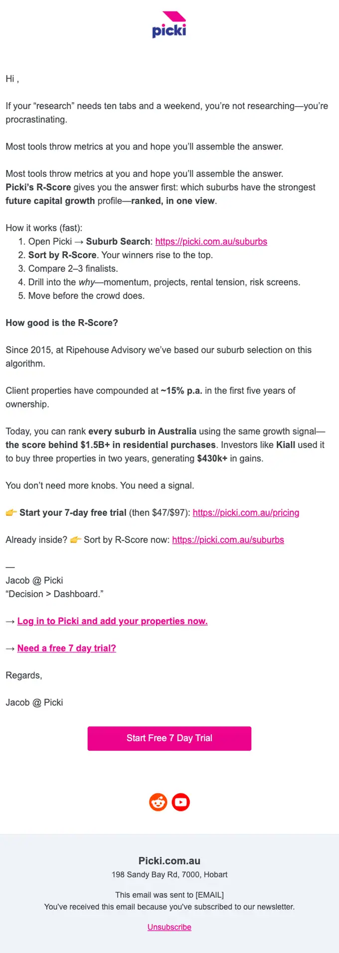 Picki.com.au promotional email, full length