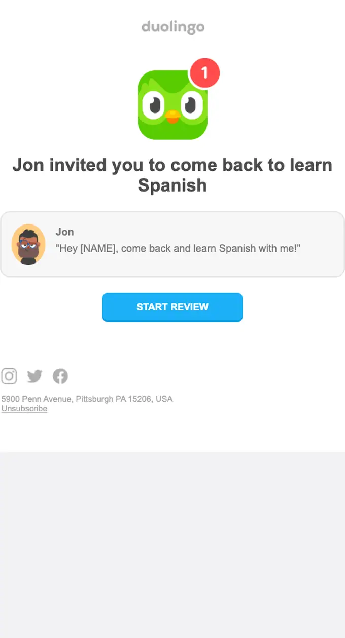 Duolingo re engagement email, full length