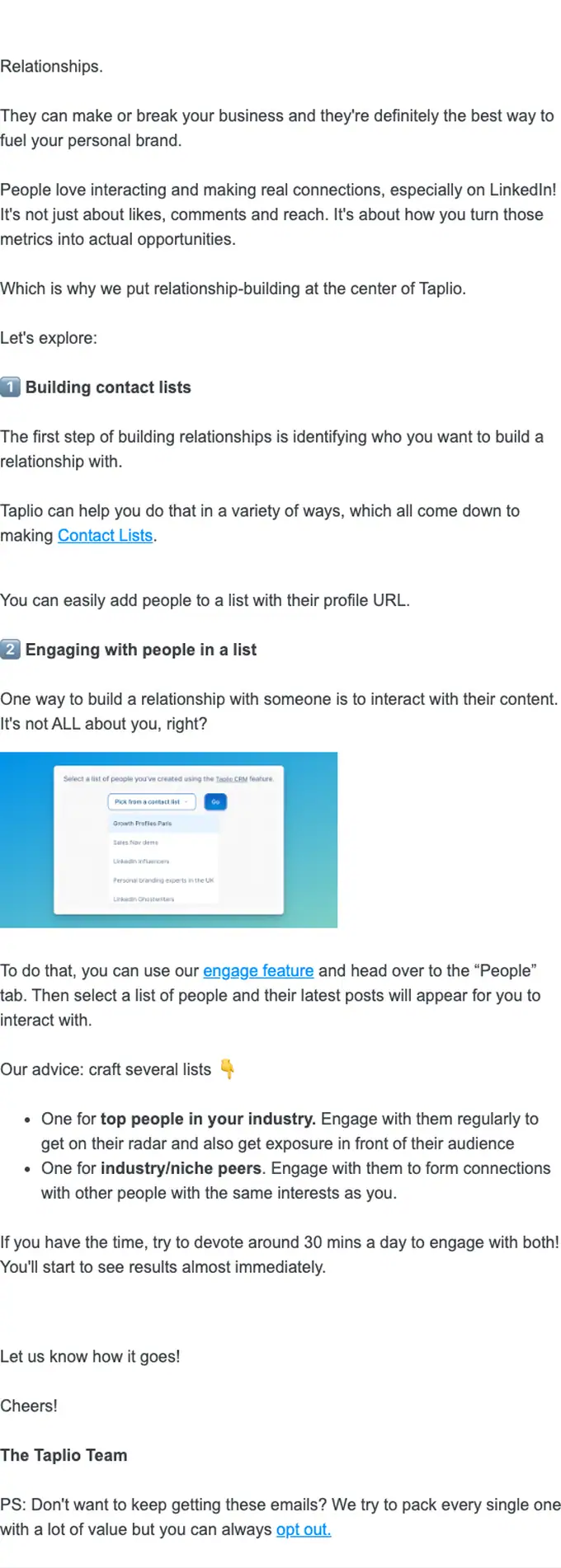 Taplio newsletter email, full length
