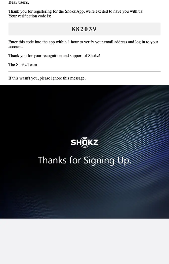 Shokz email verification email, full length