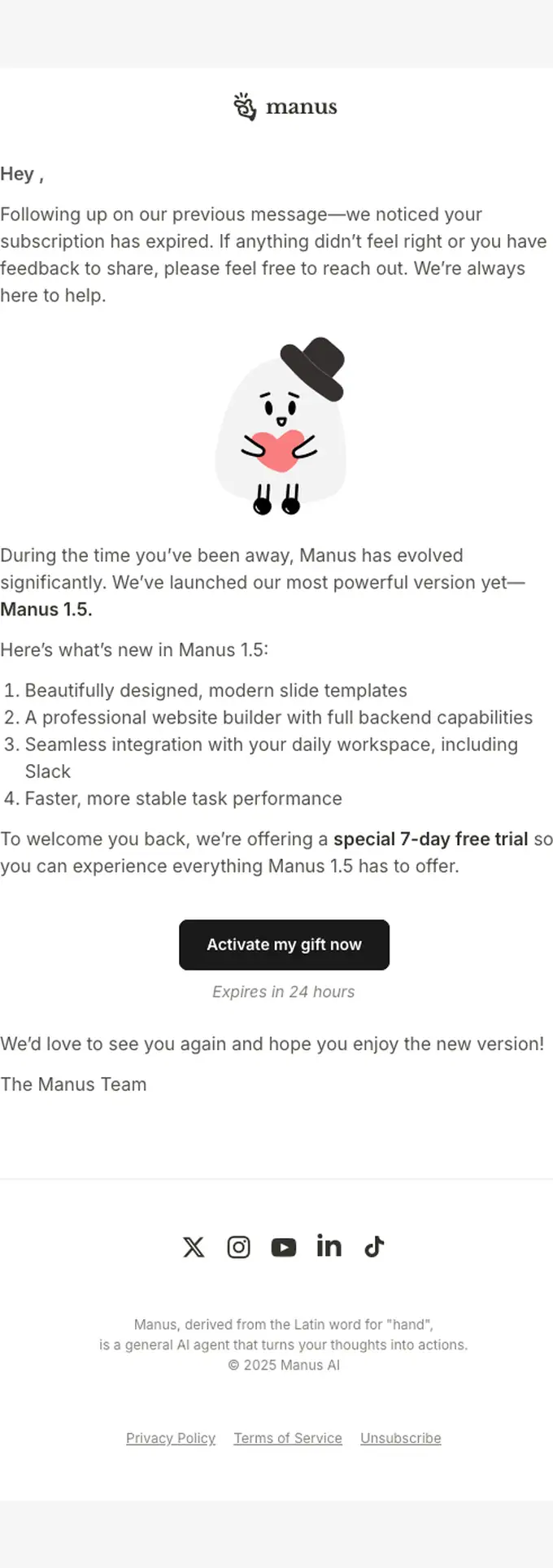 Manus re engagement email, full length