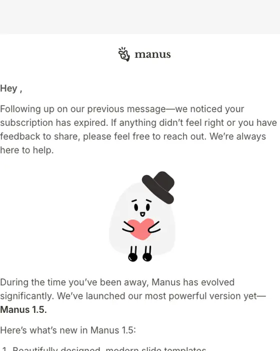 Manus re engagement email