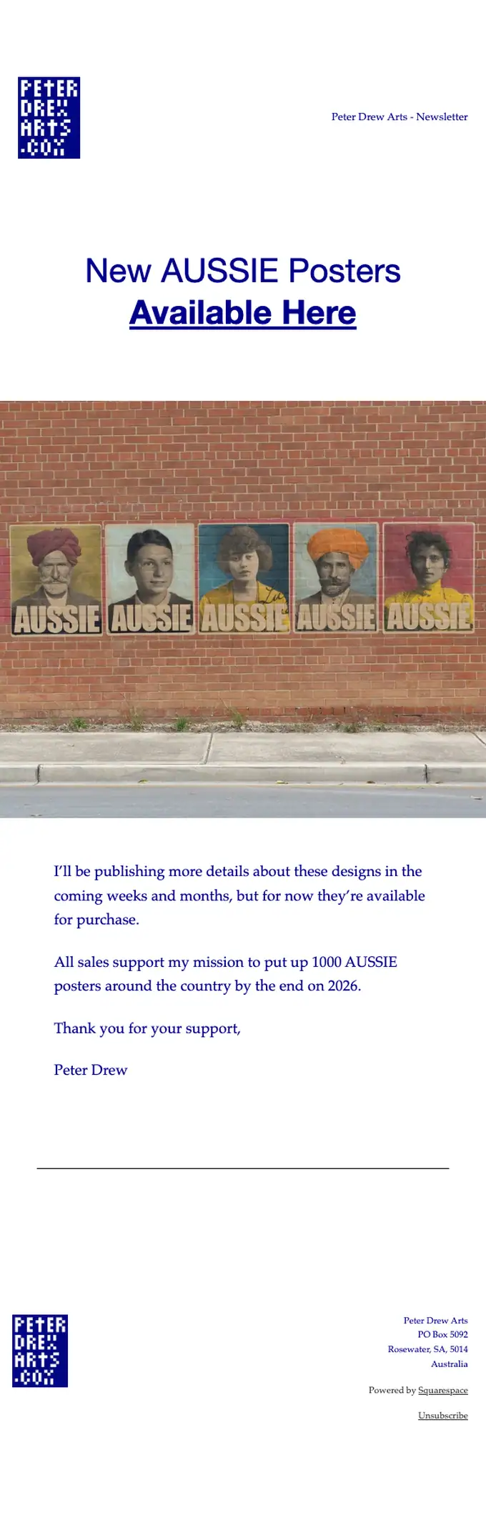 Peter Drew Arts product launch email, full length