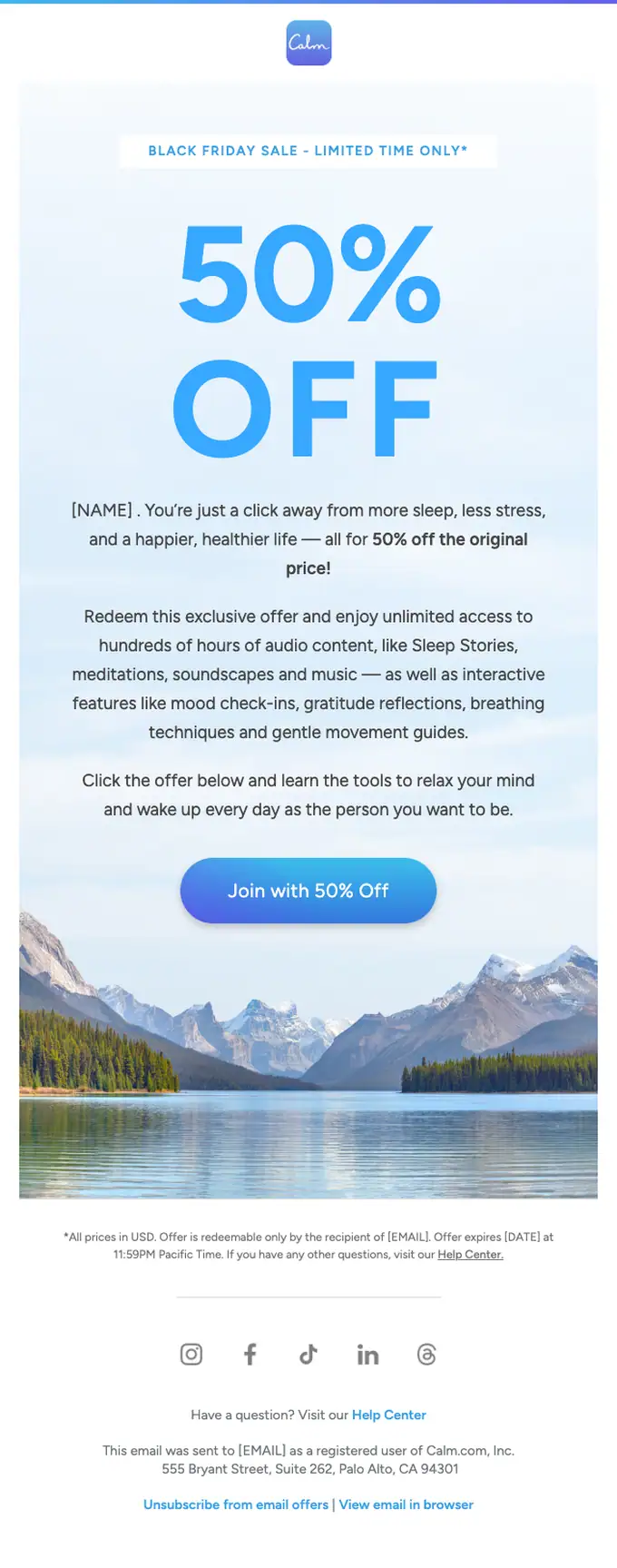 Calm discount offer email, full length