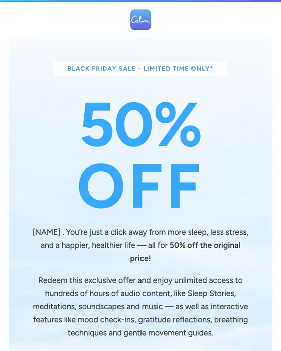 Calm discount offer email