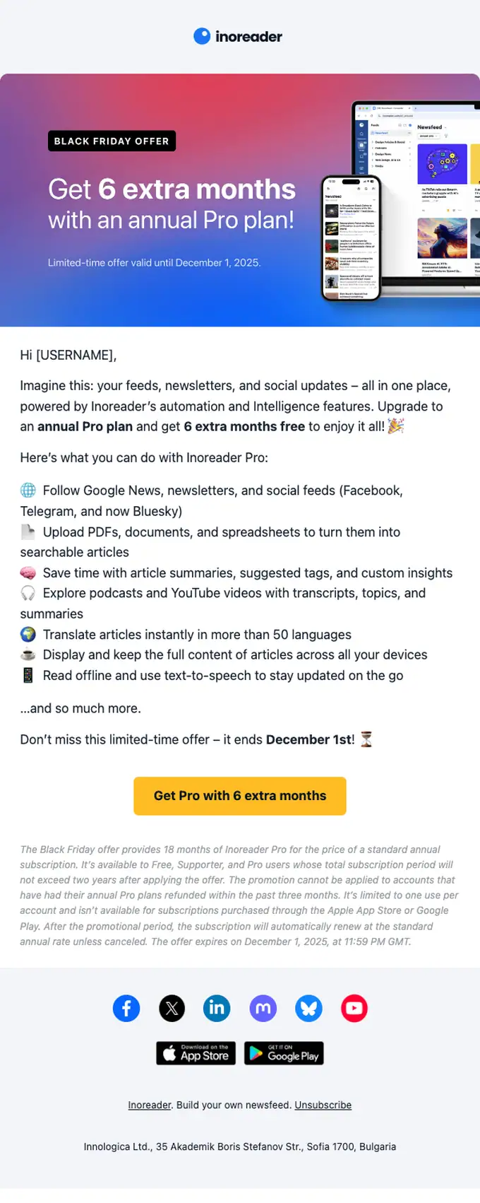 Inoreader discount offer email, full length