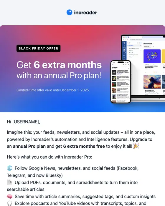 Inoreader Black Friday email