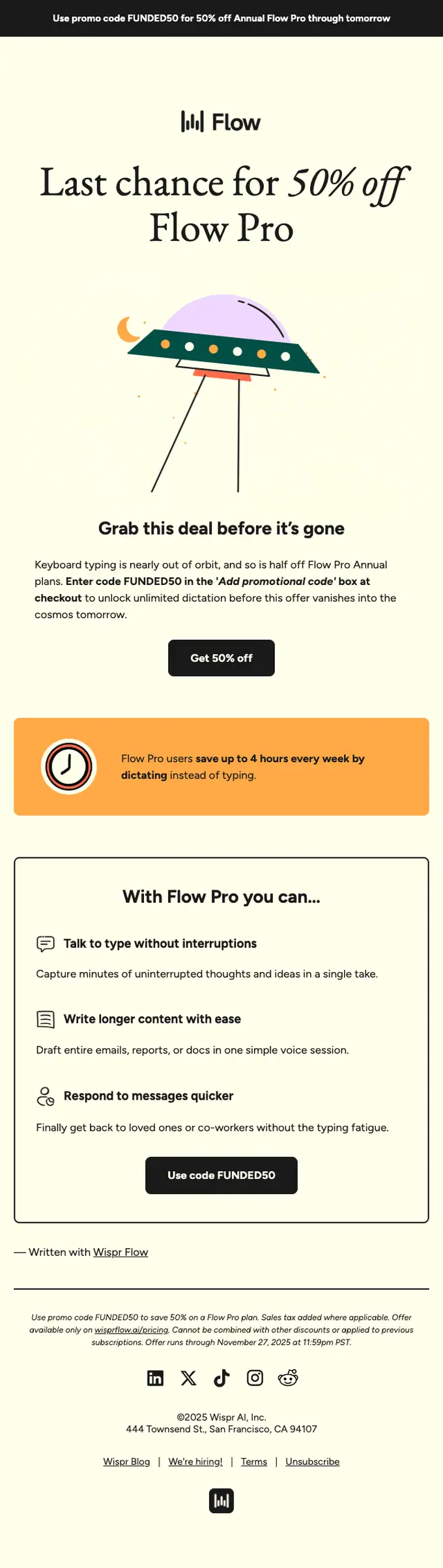 Wispr Flow discount offer email, full length