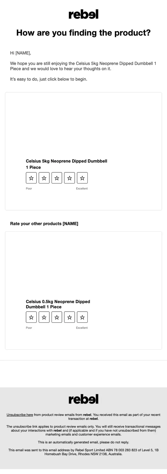 Rebel Sport survey email, full length