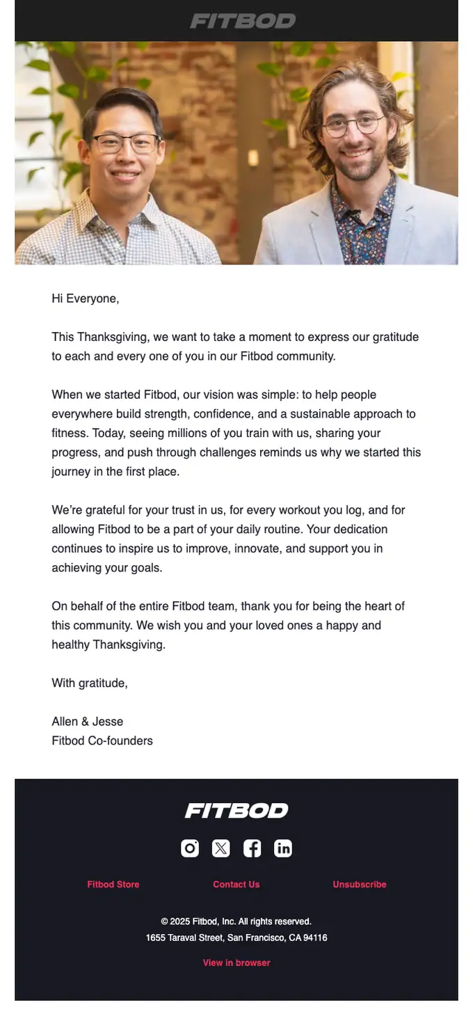 Fitbod thank you email, full length