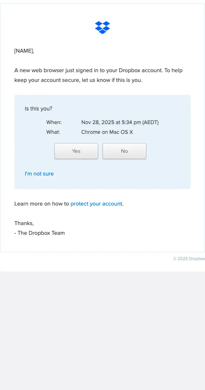 Dropbox security alert email, full length