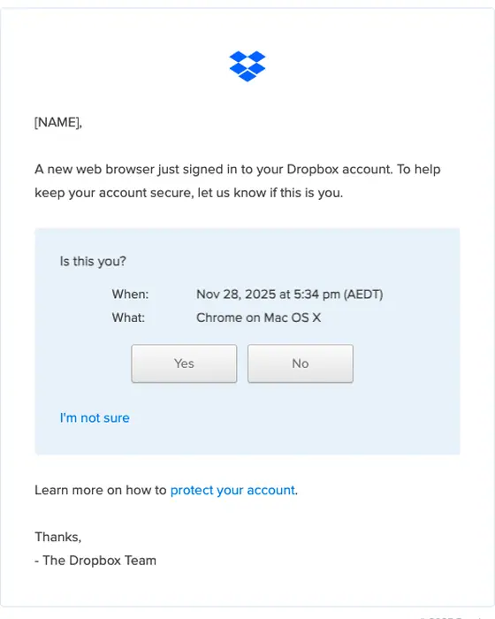 Dropbox security alert email