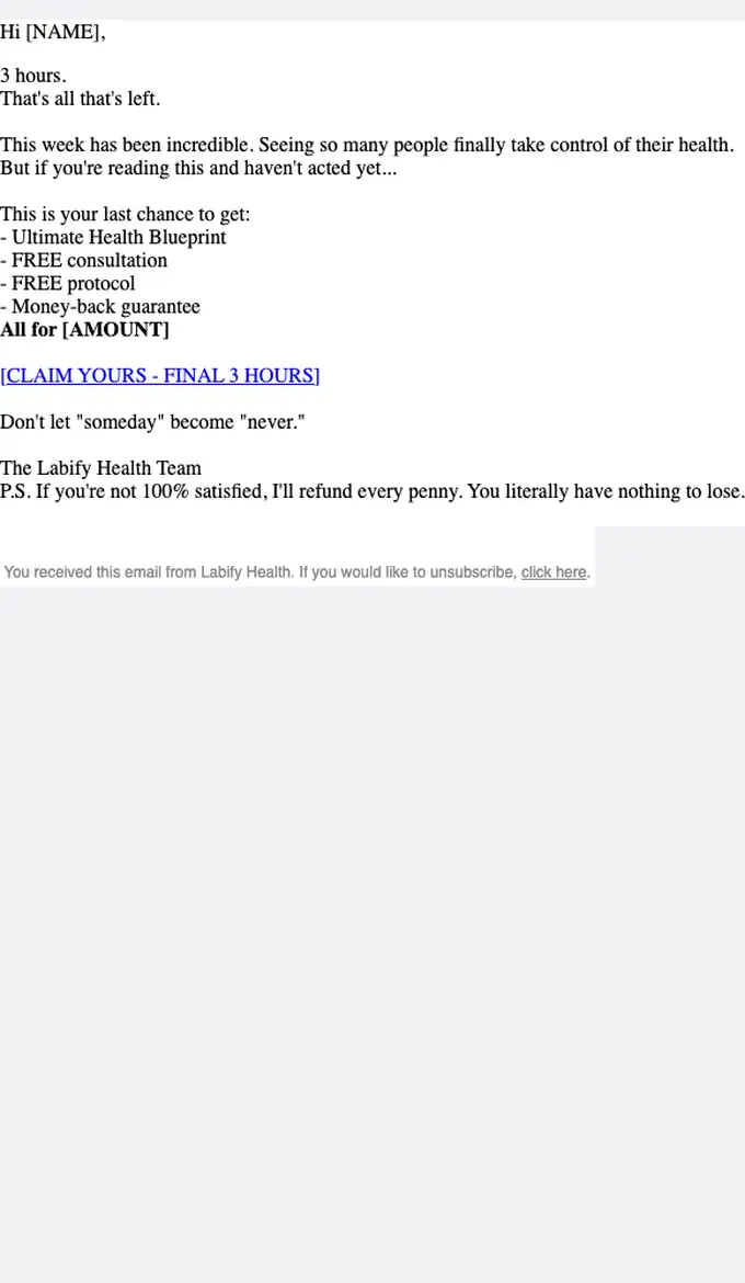 Labify Health discount offer email, full length
