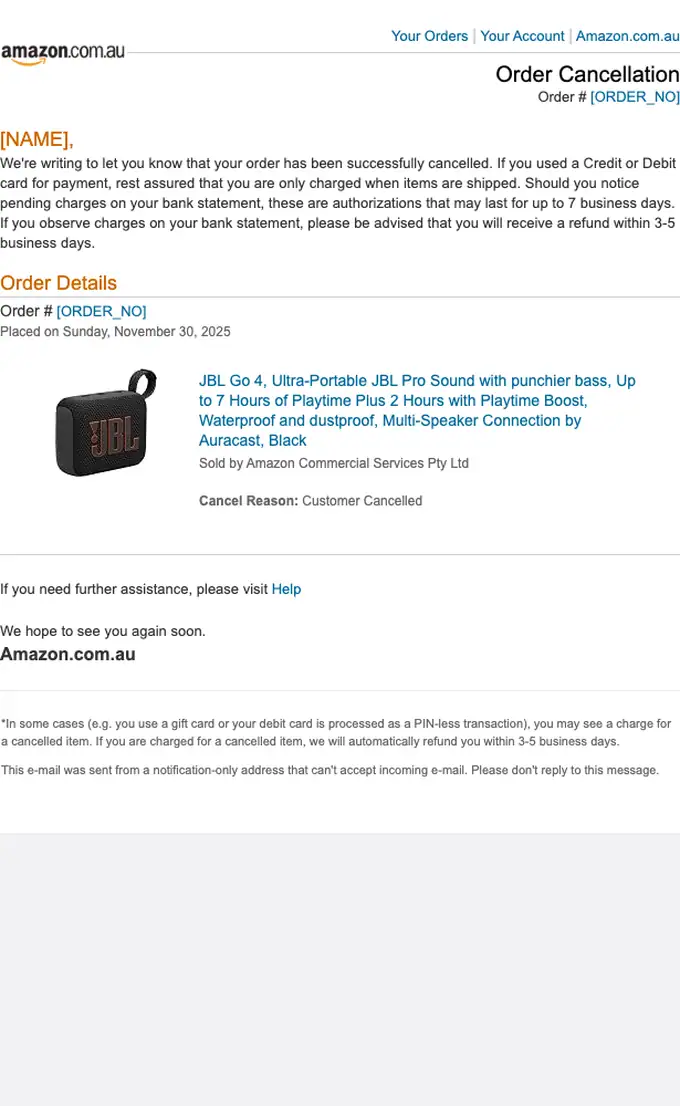 Amazon.com.au cancellation email, full length