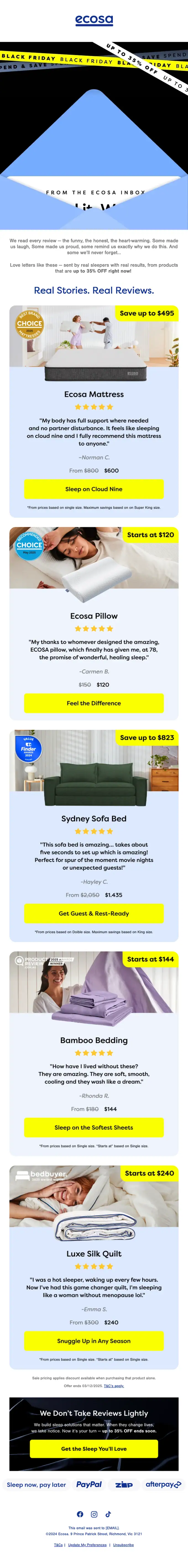 Ecosa promotional email, full length