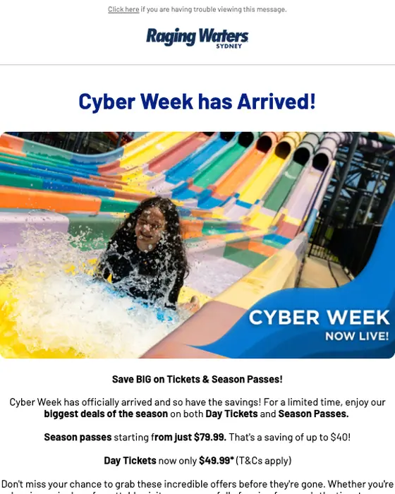 Raging Waters Sydney Cyber Monday email