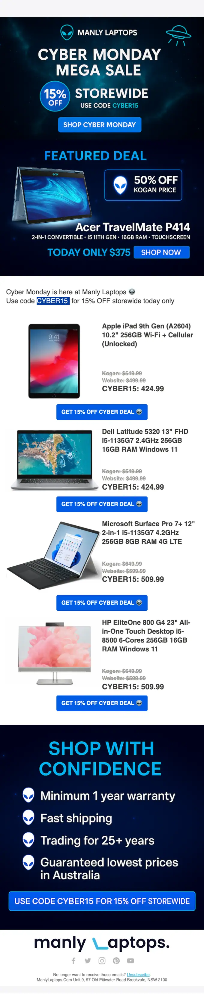 ManlyLaptops.com.au sale email, full length