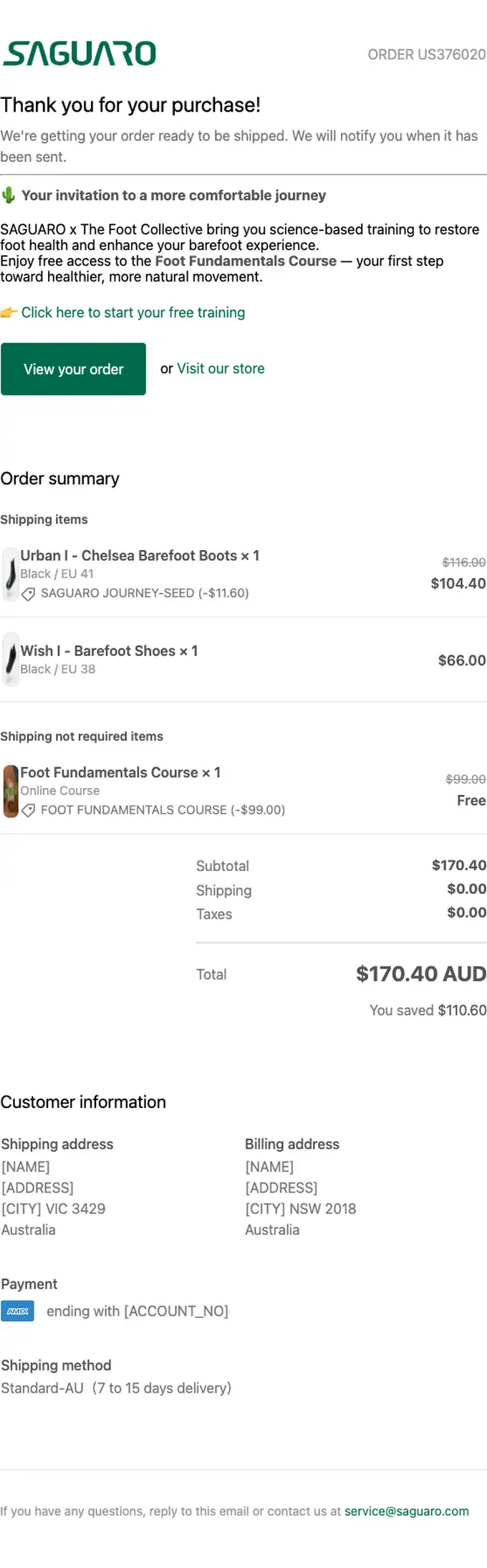 Saguaro Barefoot Shoes order confirmation email, full length