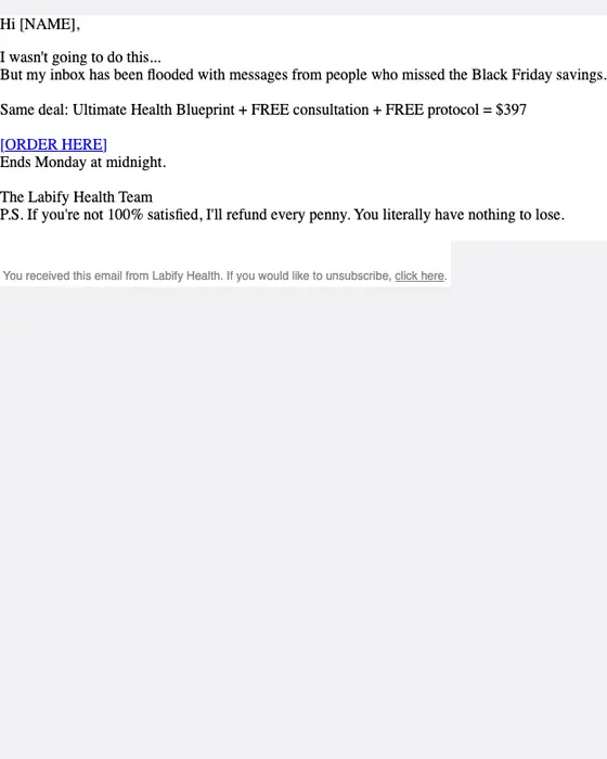 Labify Health Cyber Monday email