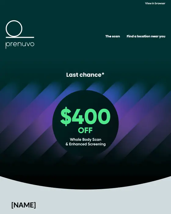Prenuvo discount offer email: Final Hours: $400 Off Whole Body Scans Until Midnight