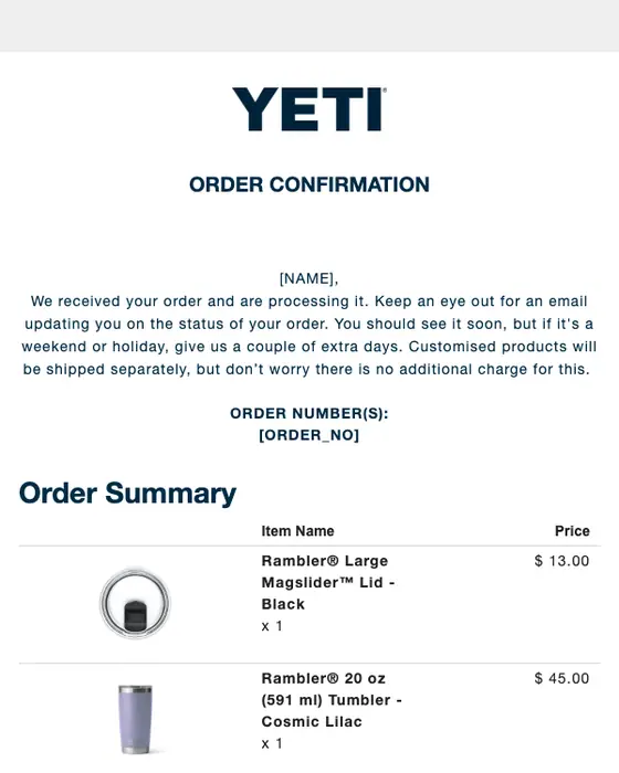 YETI Australia order confirmation email