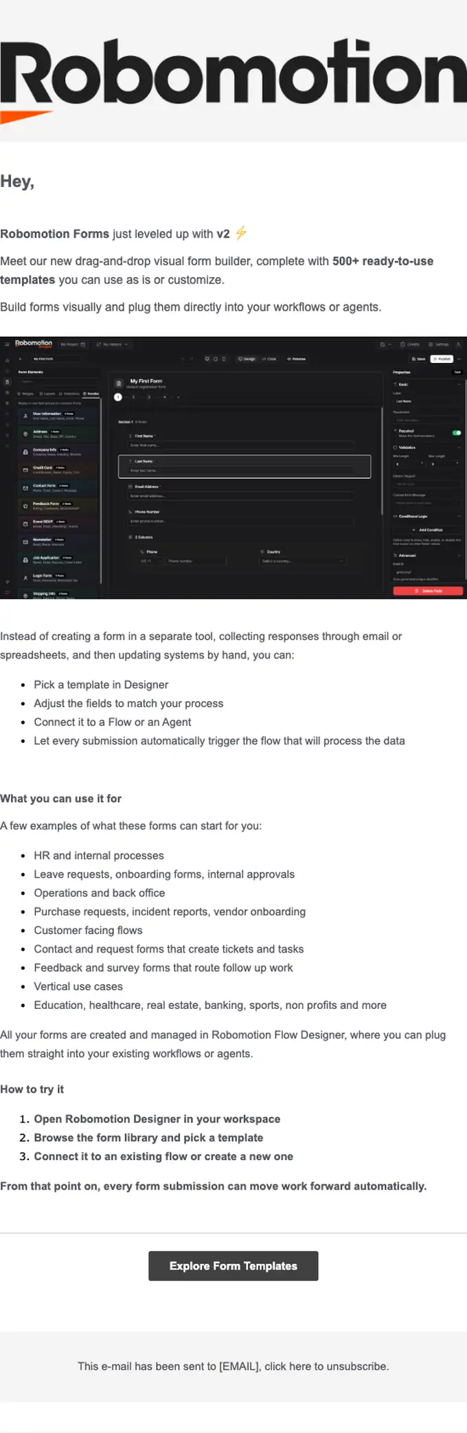 Robomotion product launch email, full length