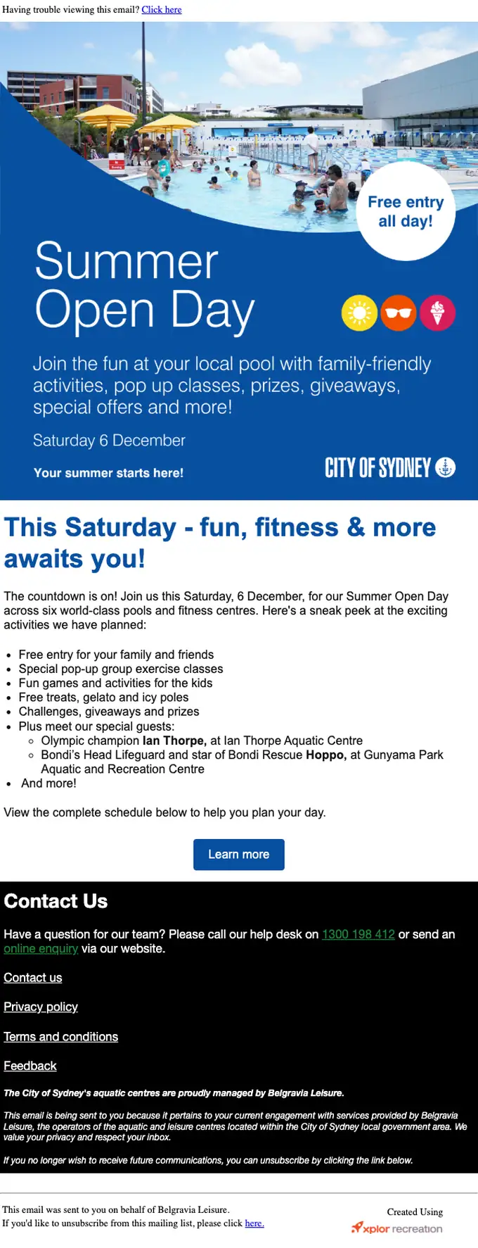 Belgravia Leisure event invite email, full length