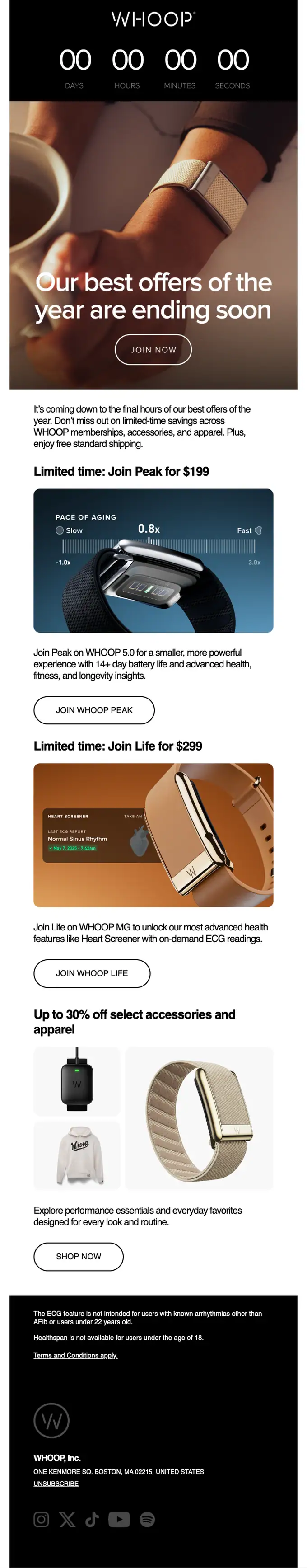 WHOOP promotional email, full length