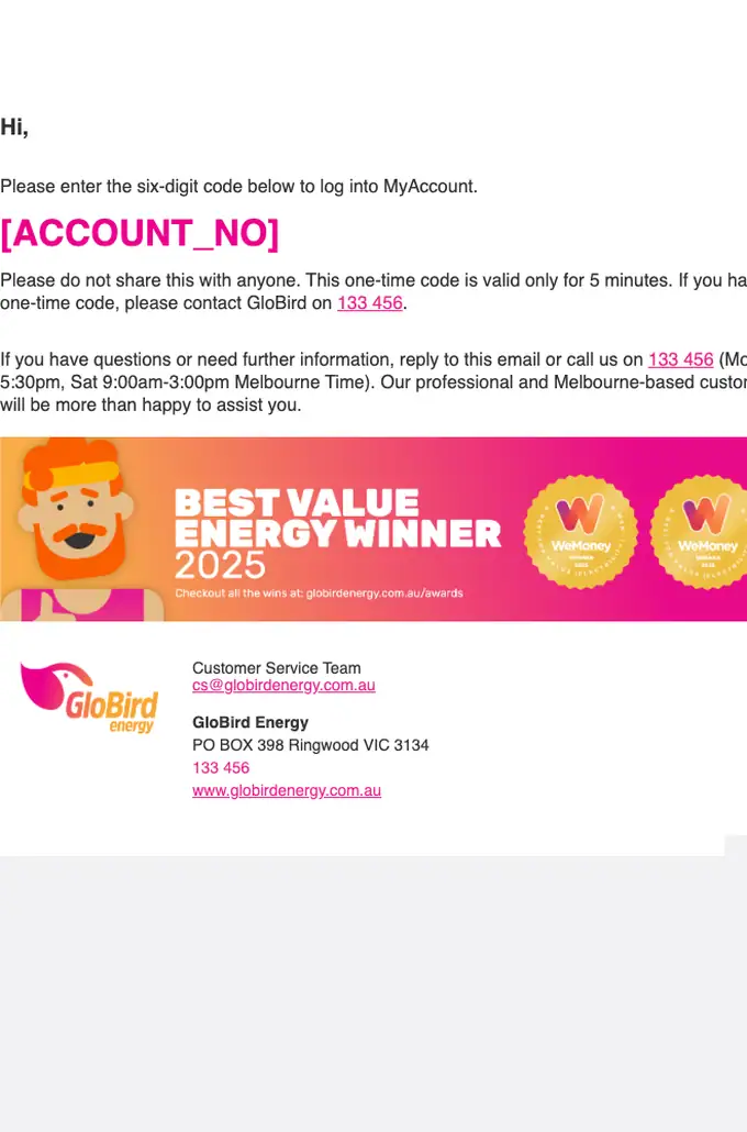 GloBird Energy otp email, full length