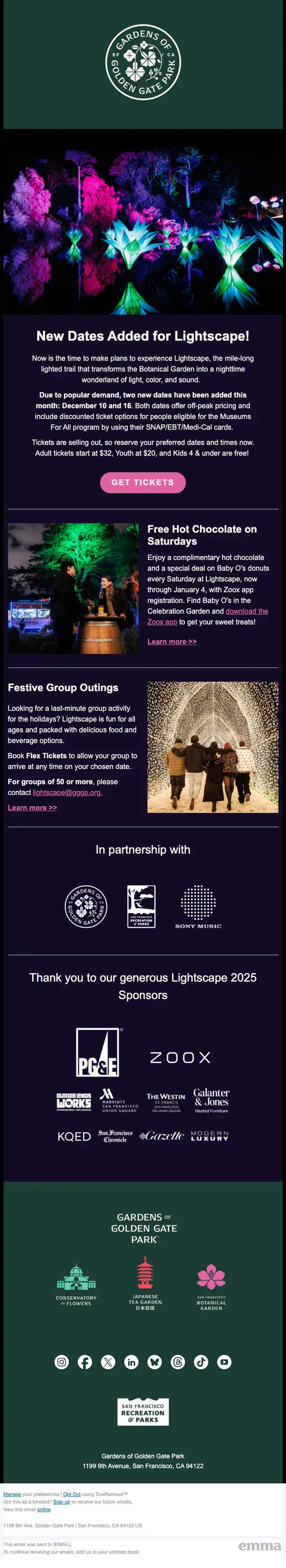 Gardens of Golden Gate Park promotional email, full length