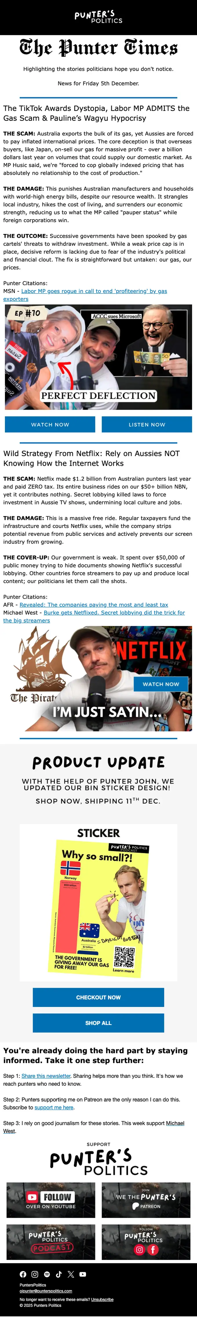 PuntersPolitics newsletter email, full length