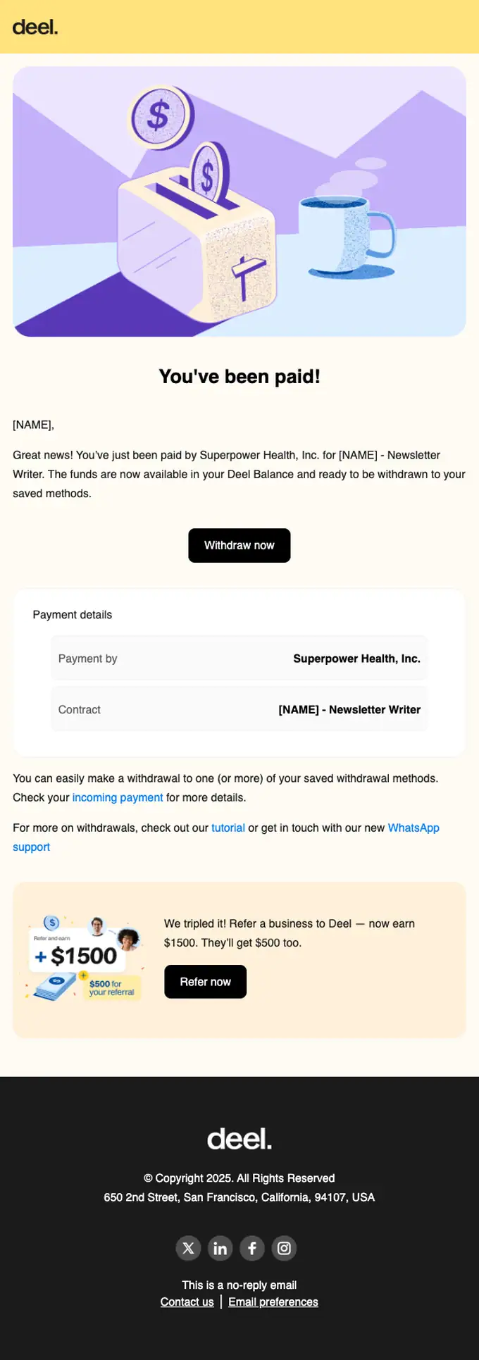 Deel payment confirmation email, full length