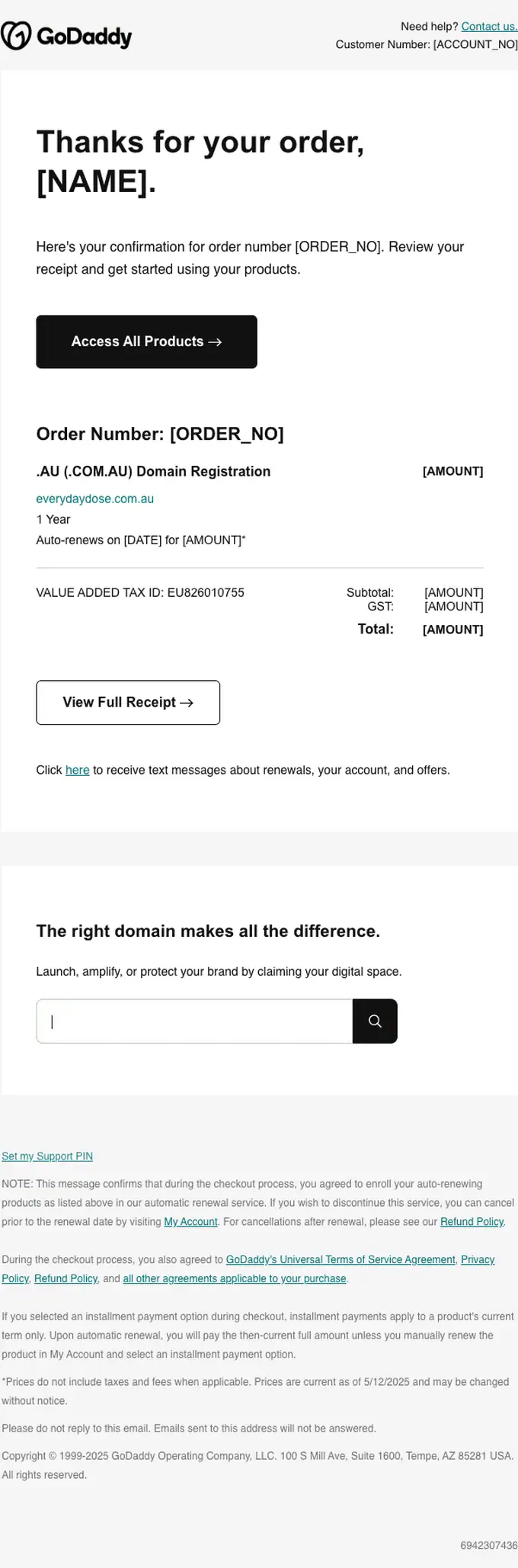GoDaddy order confirmation email, full length