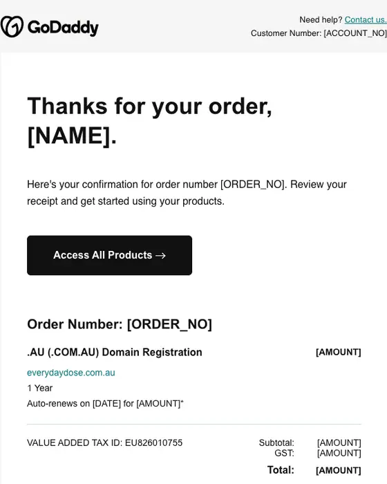 GoDaddy order confirmation email