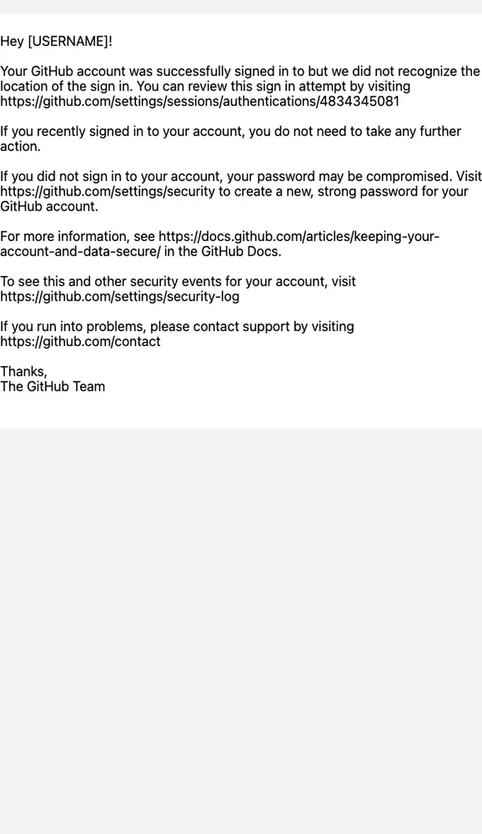 GitHub security alert email, full length