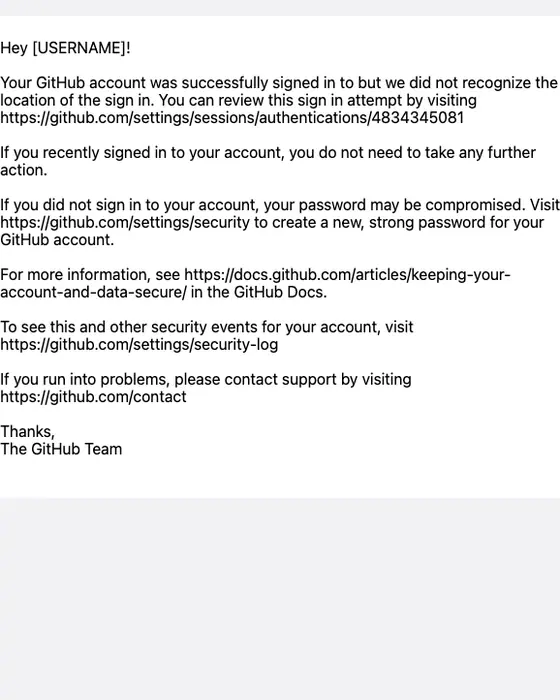 GitHub security alert email