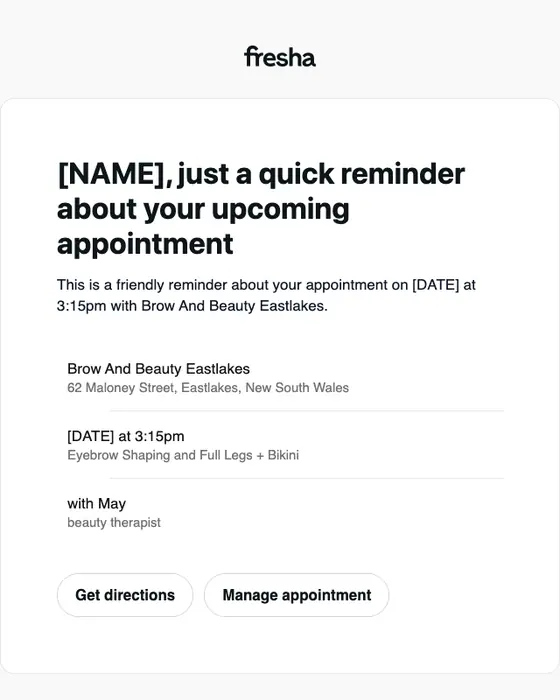 Brow And Beauty Eastlakes (via Fresha) appointment email