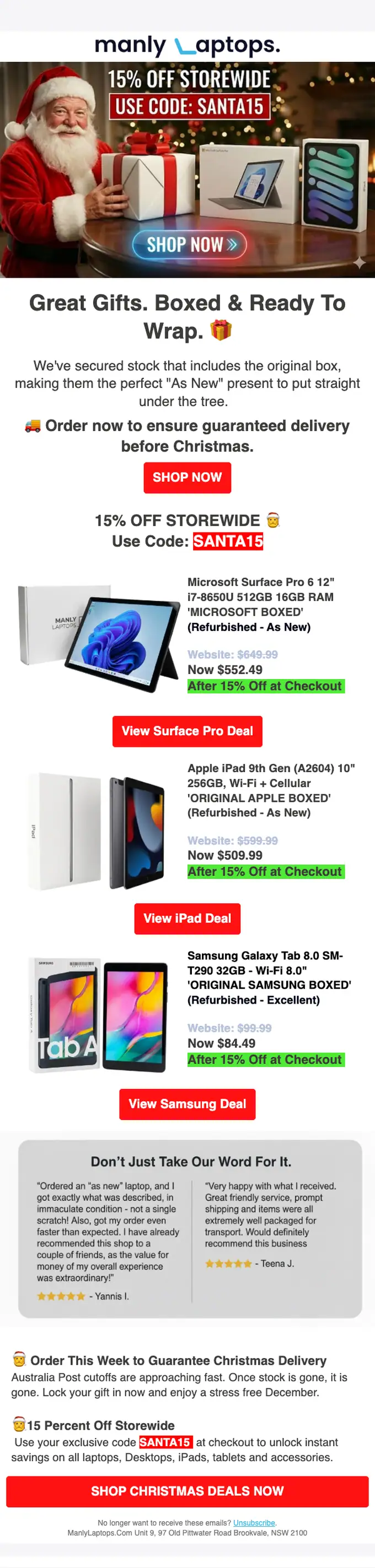 ManlyLaptops.com.au seasonal email, full length
