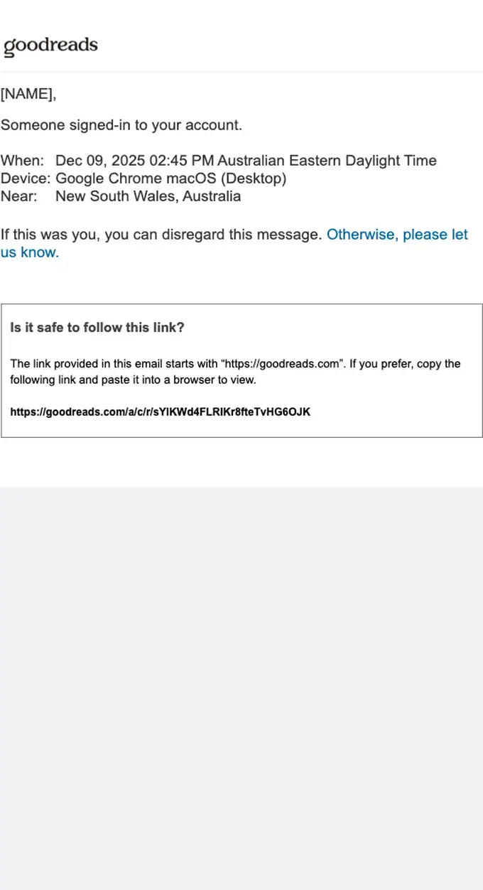 Goodreads security alert email, full length