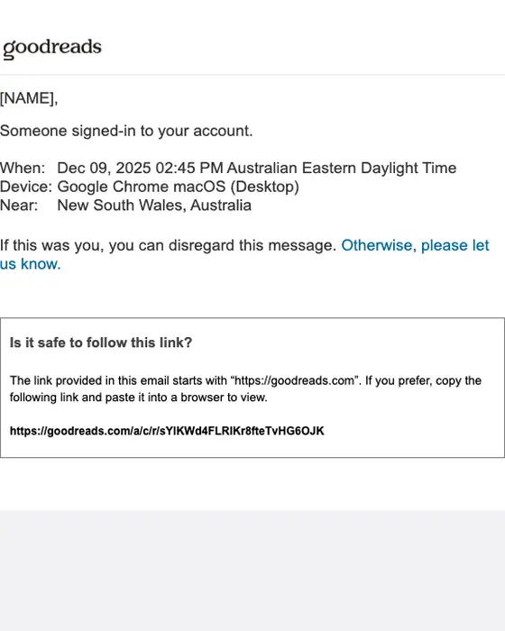Goodreads security alert email