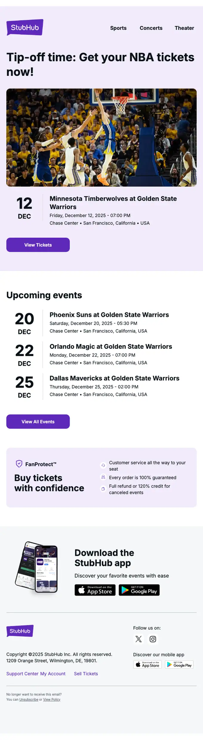 StubHub event invite email, full length