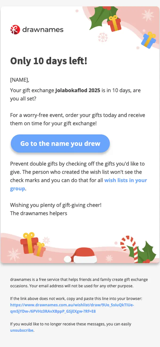 drawnames.com.au order reminder email, full length