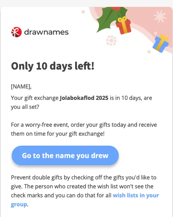 drawnames.com.au order reminder email