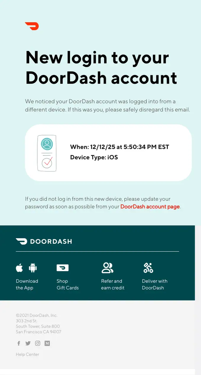 DoorDash security alert email, full length