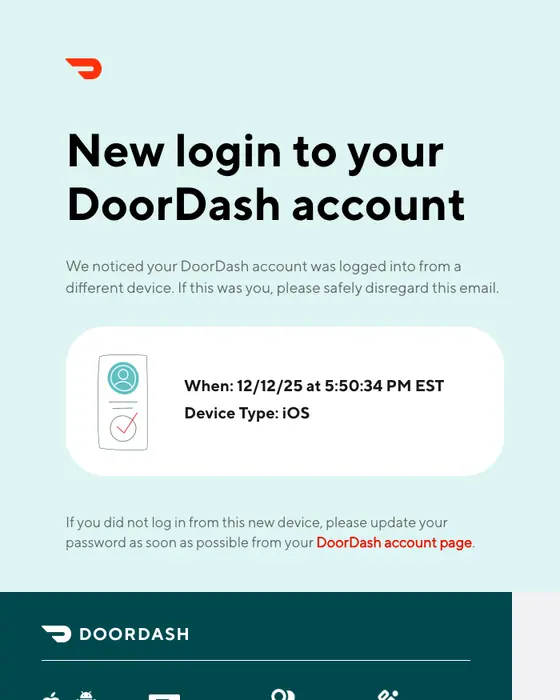 DoorDash security alert email